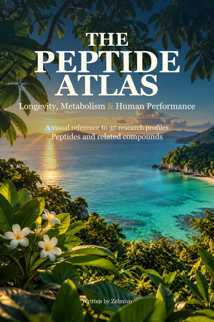 The Peptide Atlas book cover, featuring a sunlit coastal landscape